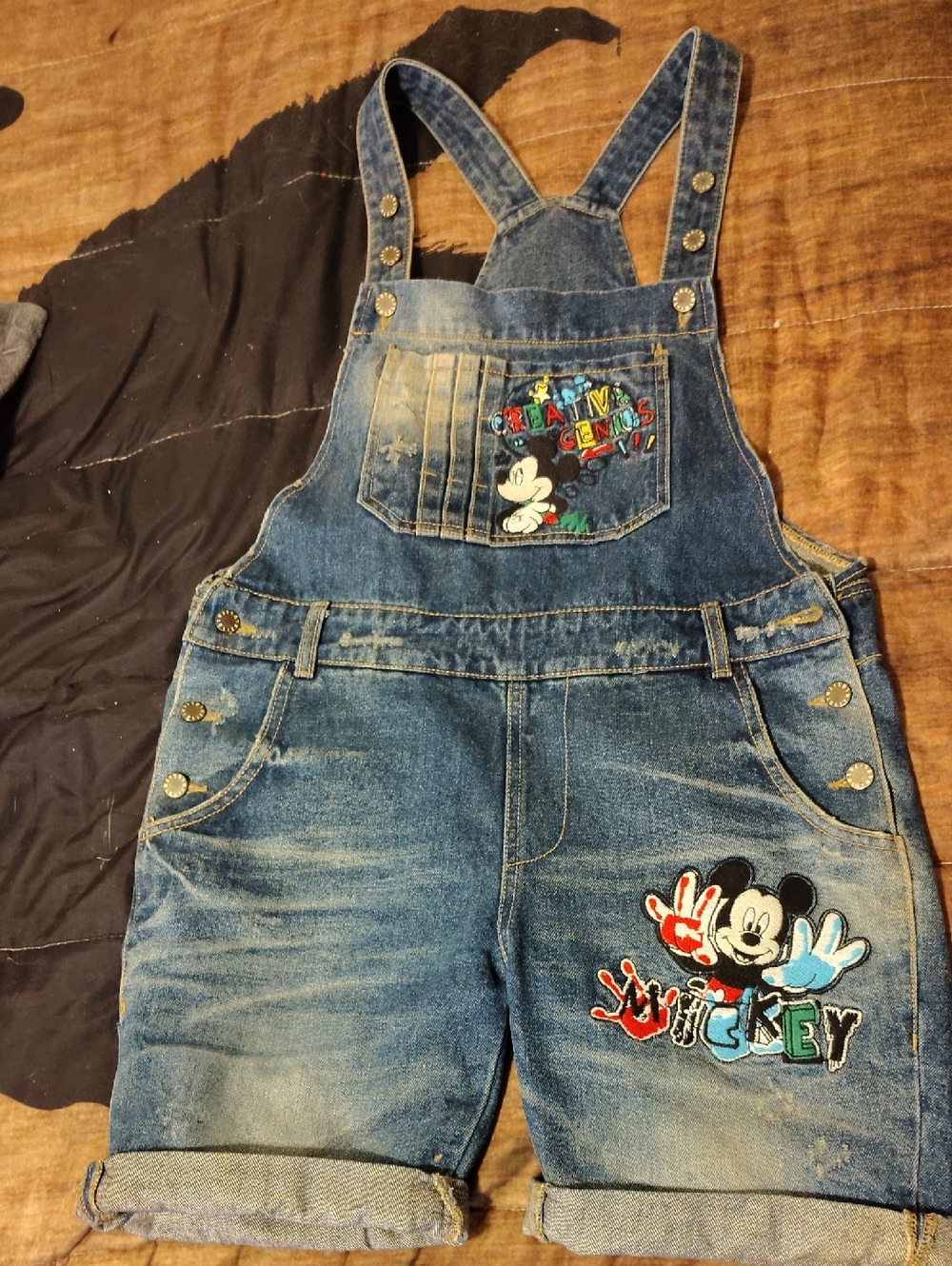 Women's Denim Mickey Mouse Short Overalls - Blue